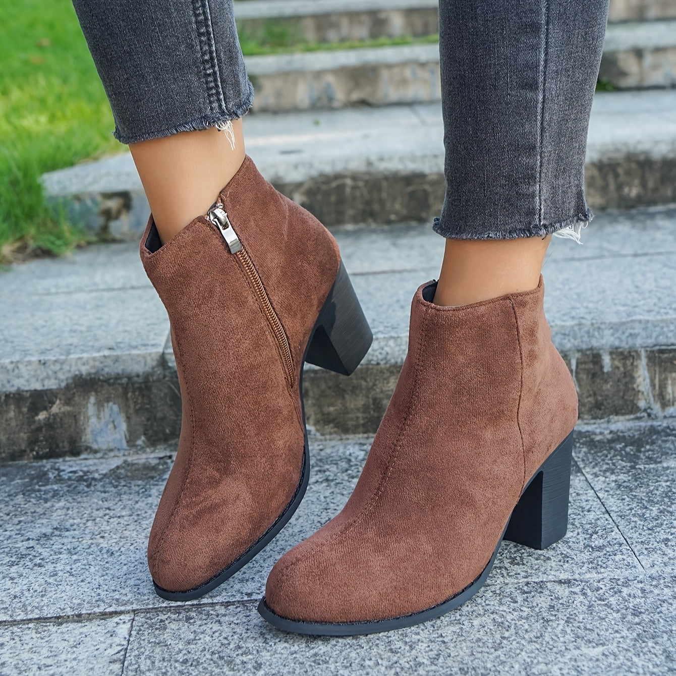 Women's Fabric Ankle Boots Side Zipper Round Toe Block Heel Solid Color