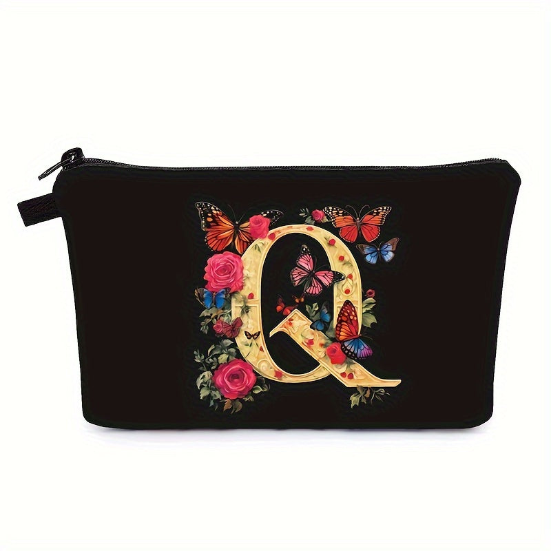 Bolsa de maquillaje negra para mujer con patrón de mariposas y flores para organizar los esenciales de belleza