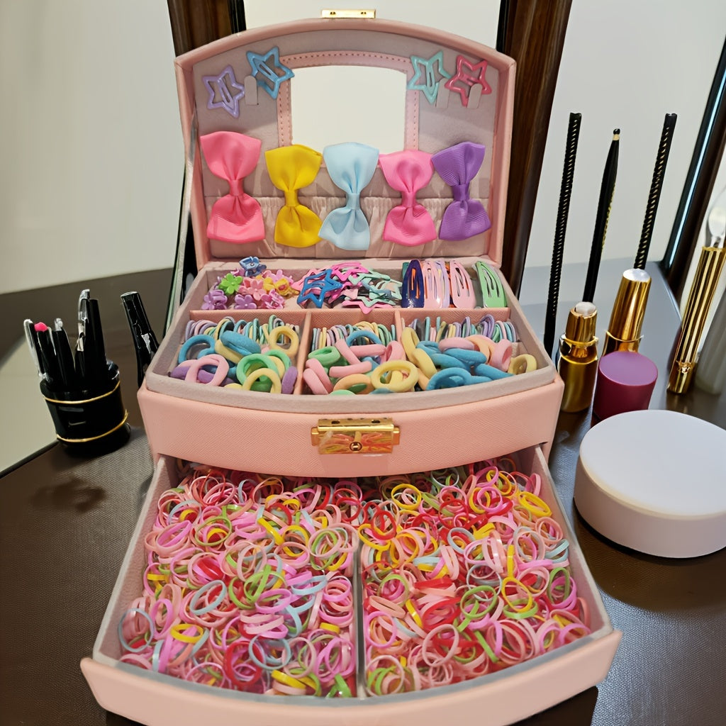 Women’s Hair Accessory Set with 860 Colorful Elastic Bands Clips and Flowers