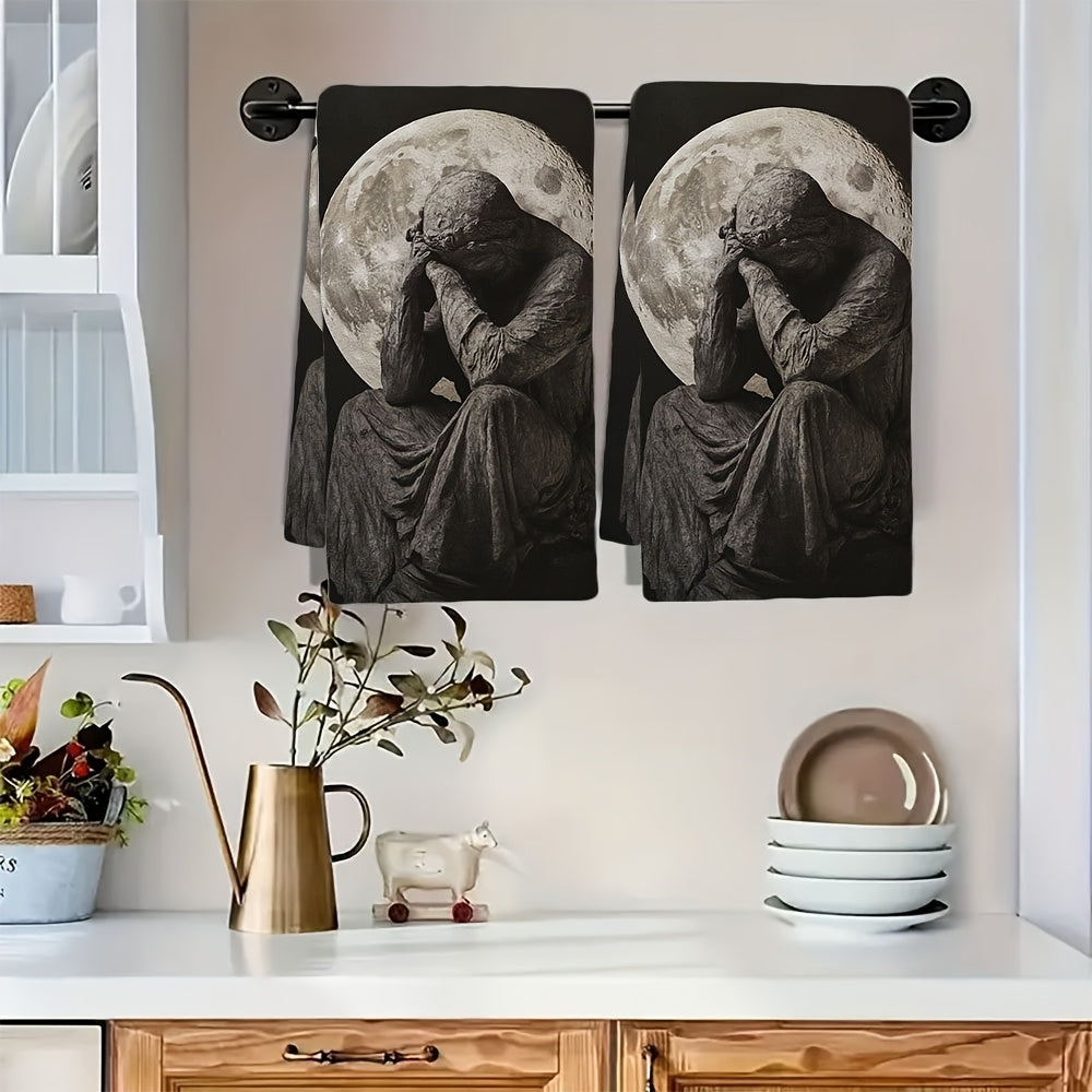 Two-Pack Moon Polyester Dish Towels, High Absorbency, Coastal Theme, 16x24 Inches