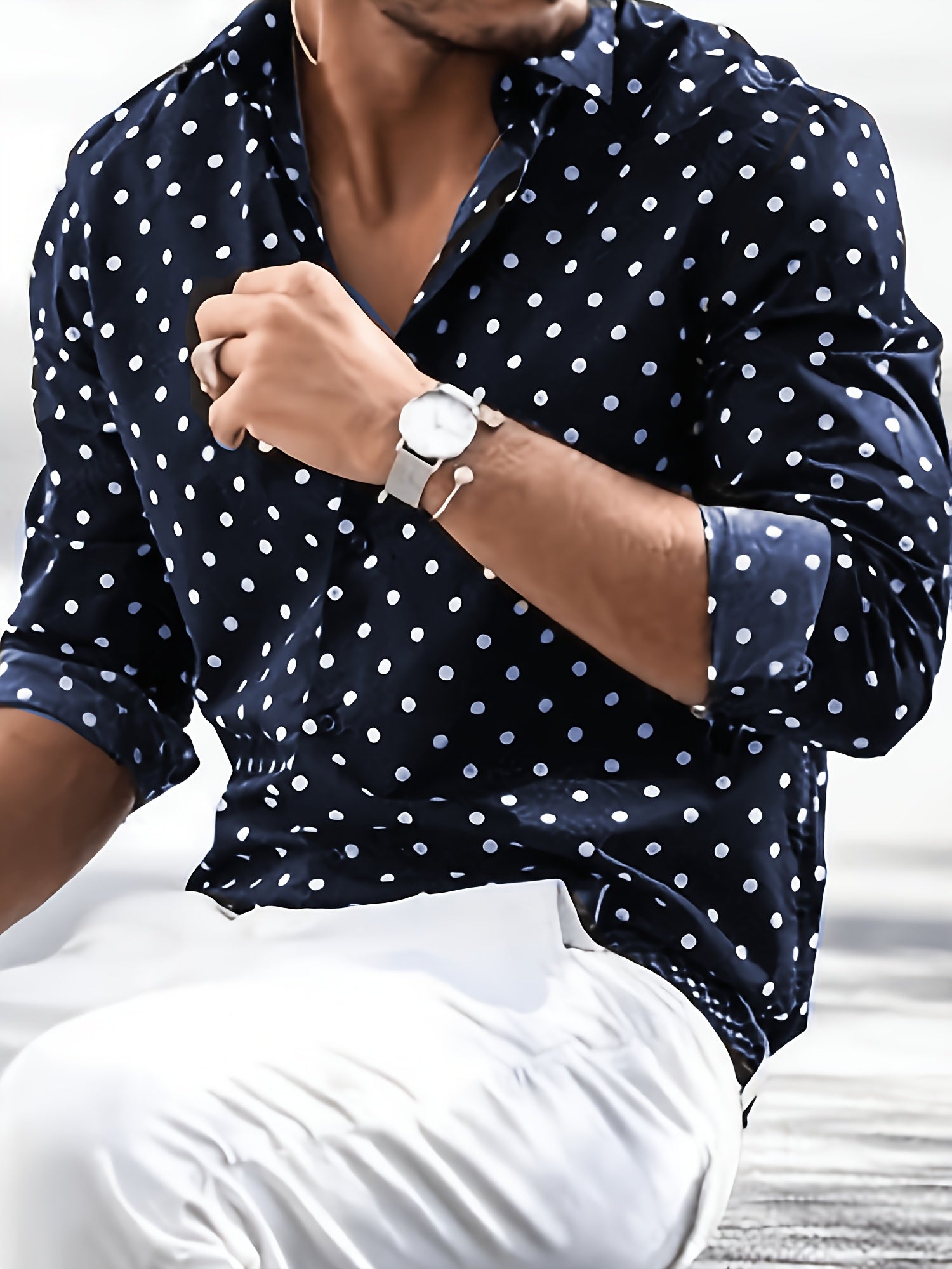 Plus Size Men's White Polka Dot Water Pattern Long Sleeve Casual Shirt