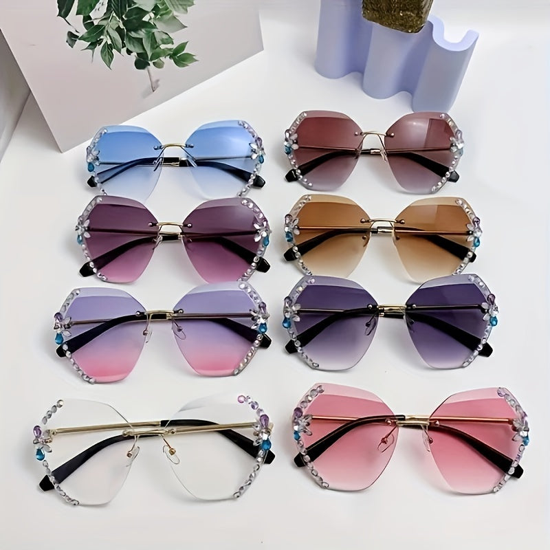 Gafas de ojo de gato oversized sin montura con lentes ombre y diseño unisex