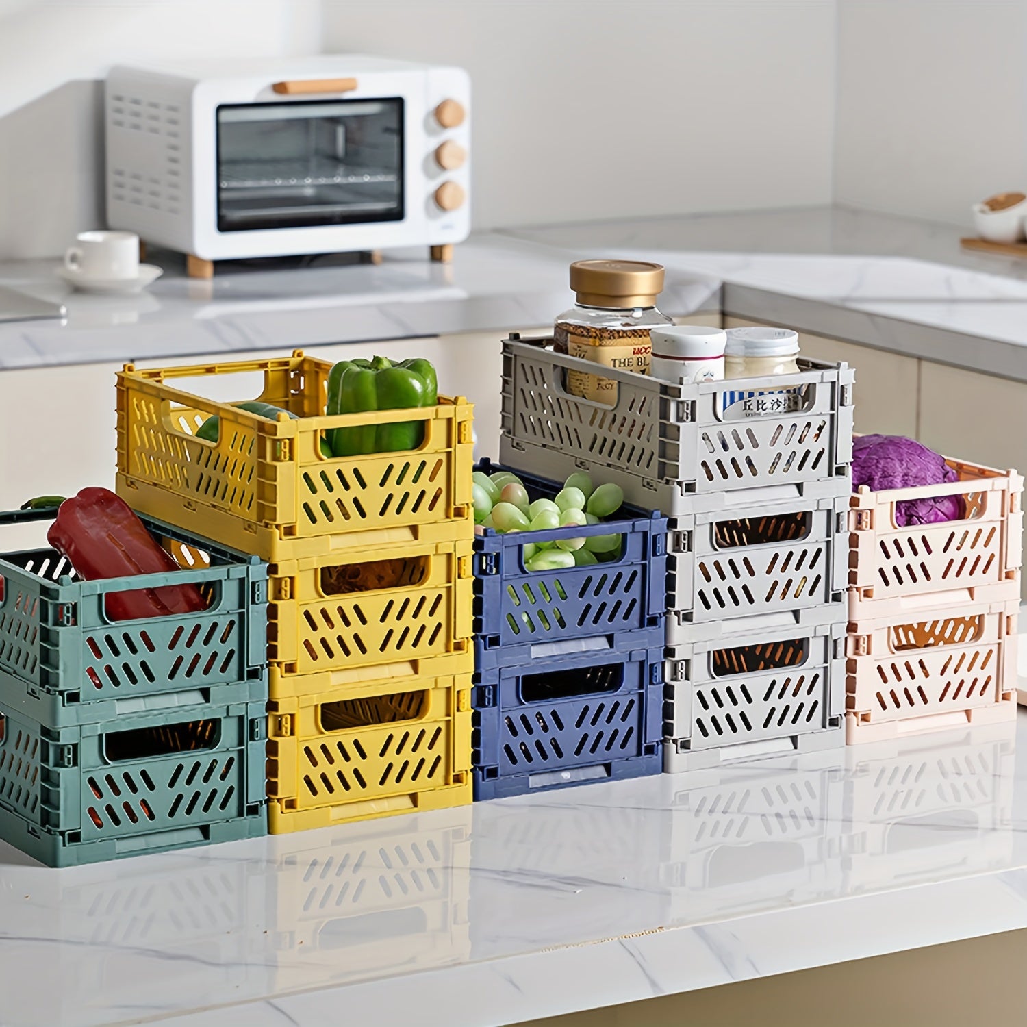 2-to'plam plastik yig'iladigan saqlash savatlari, tutqichlar bilan, uy uchun mos keladigan, aralash ranglar, ustki tashkilotchilar