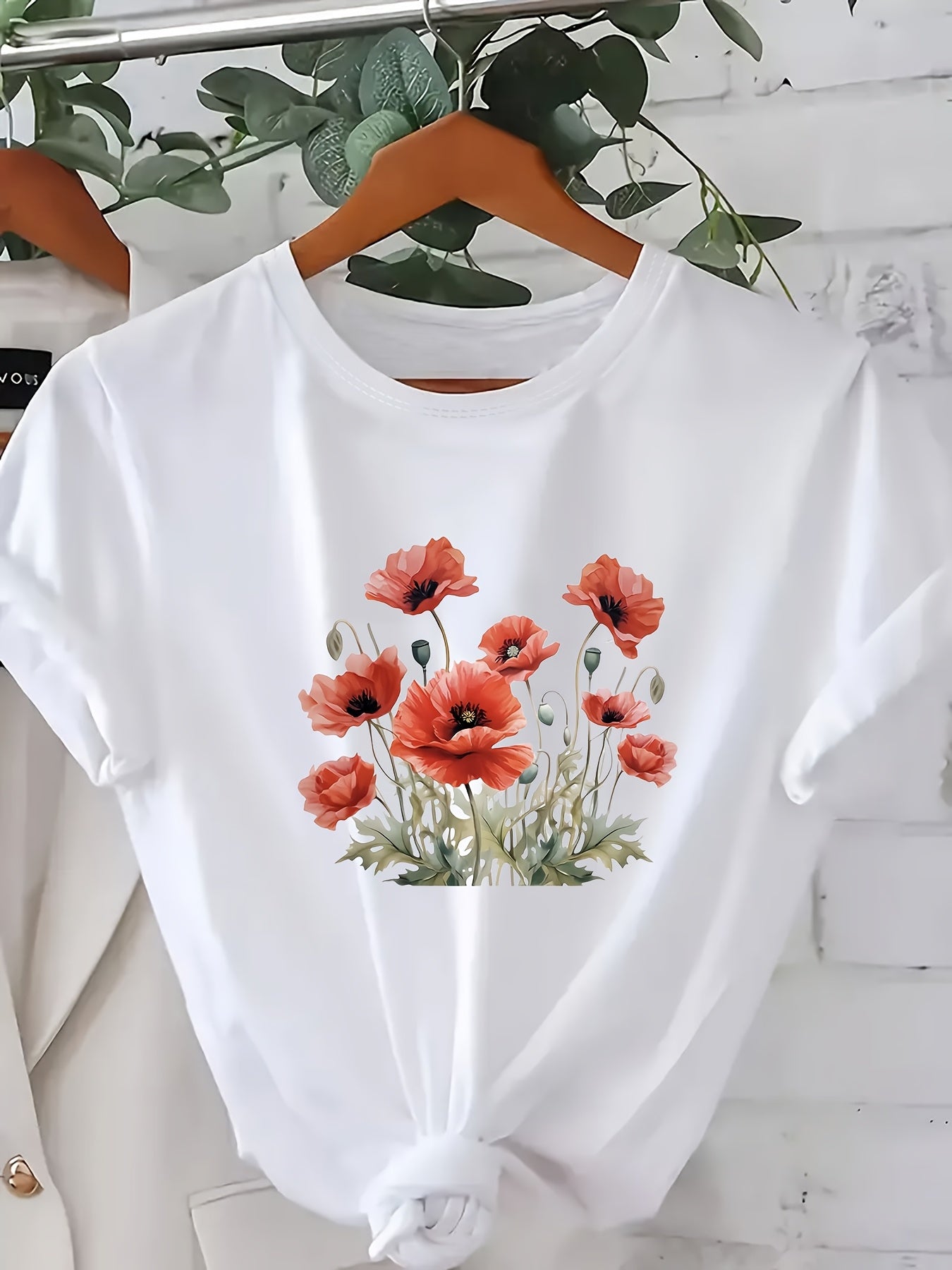 Plus Size Women's Floral Print Short Sleeve T-Shirt Red Green Casual Top