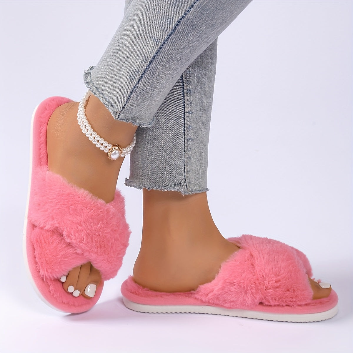 Women Plush Home Slippers All-Season Cross-Strap Black White