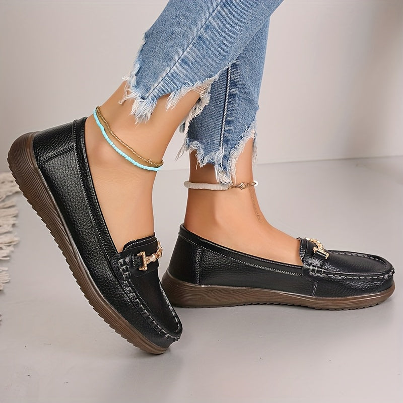 Women's Pu Cover Loafers with Metal Buckle Non-Slip Casual Shoes