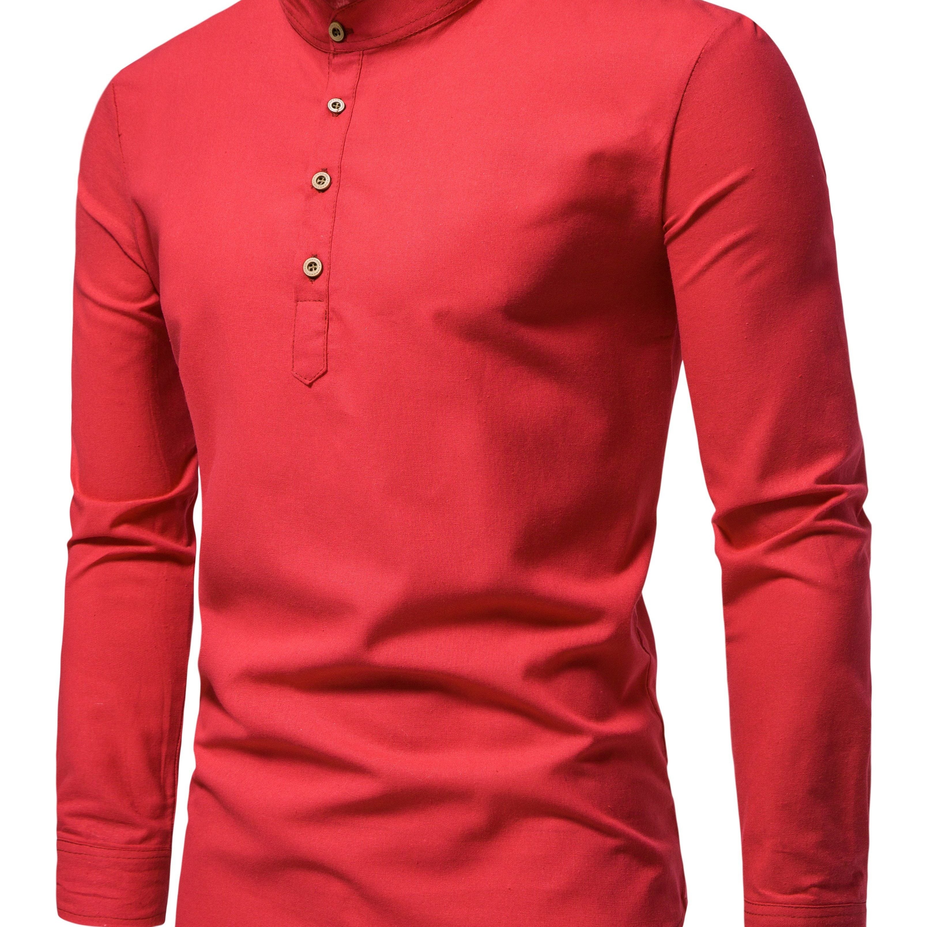 Men's Cotton Solid Long Sleeve Stand Collar Shirt for Summer Outdoor Activities