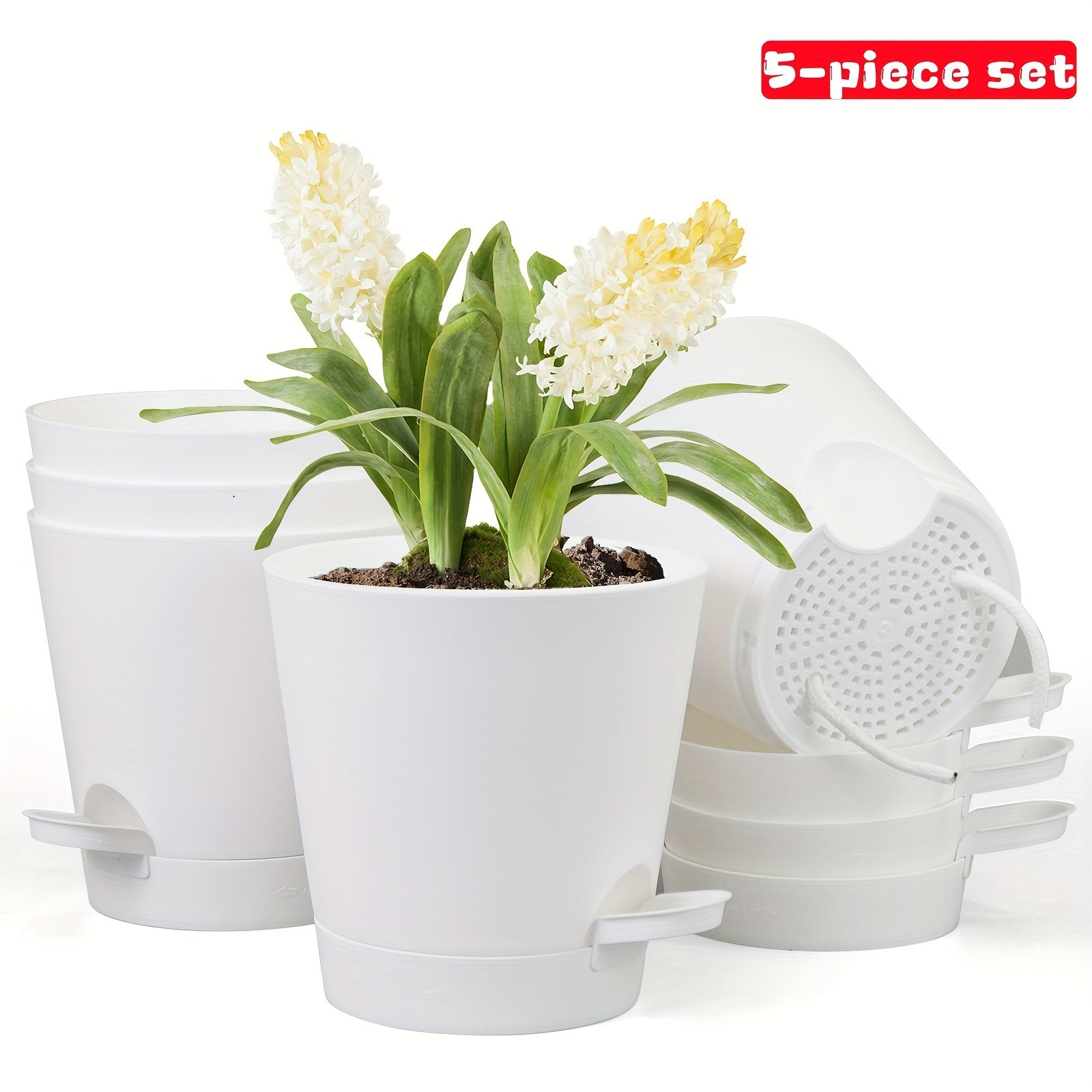 Set of 5 5-Inch Plastic Self-Watering Flower Pots with Drainage Holes and Trays for Indoor Outdoor Gardens