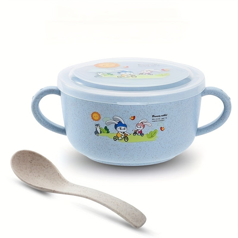 Kids Insulated Cartoon Bowl with Cutlery and Lid for Snacks and Fruits