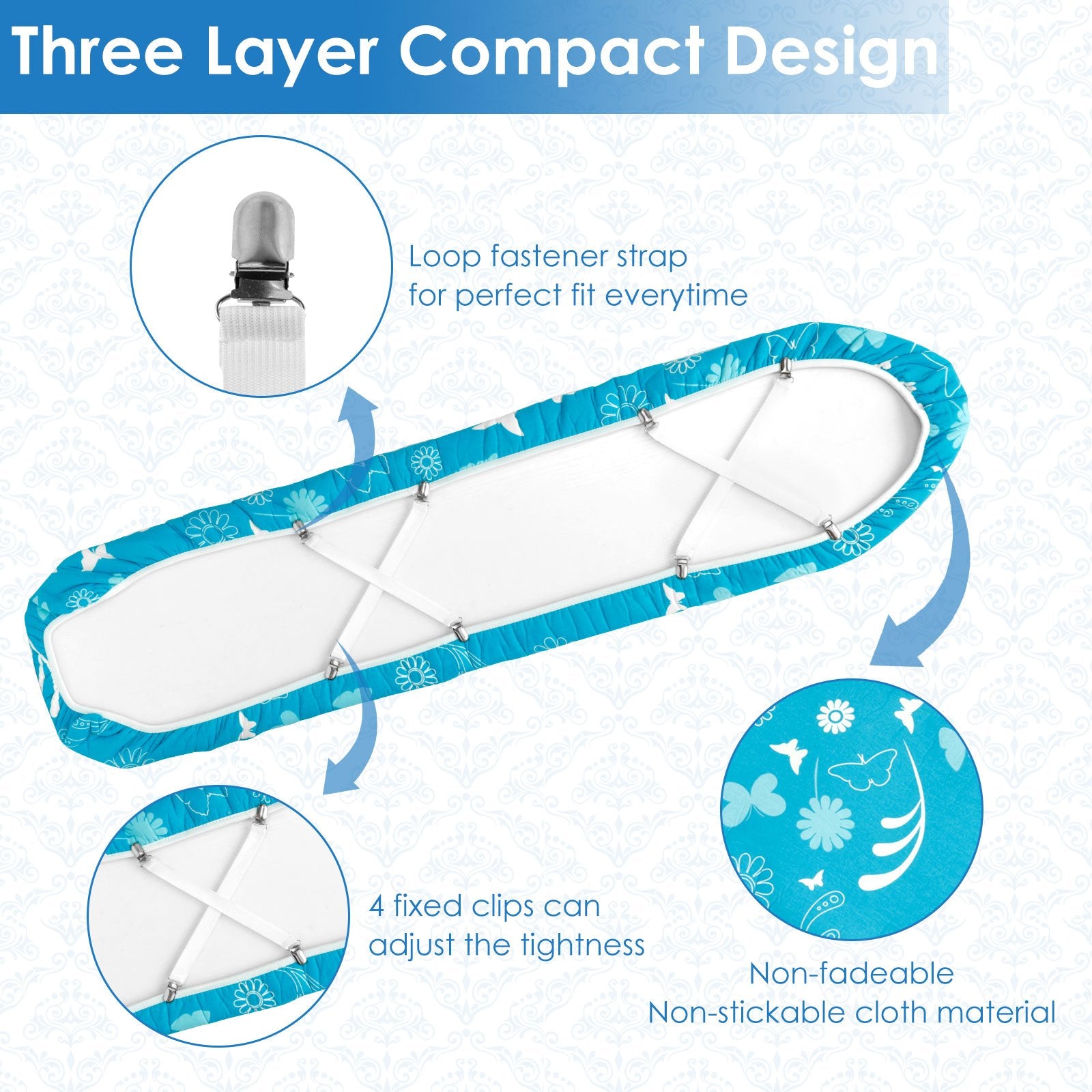 Adjustable Ironing Board Cover with Elastic Edge and Fasteners for Home and Dorm