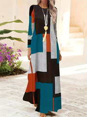 Plus Size Women's Geometric Print Knit Dress with Long Sleeves Crew Neck Casual Fit and Flare