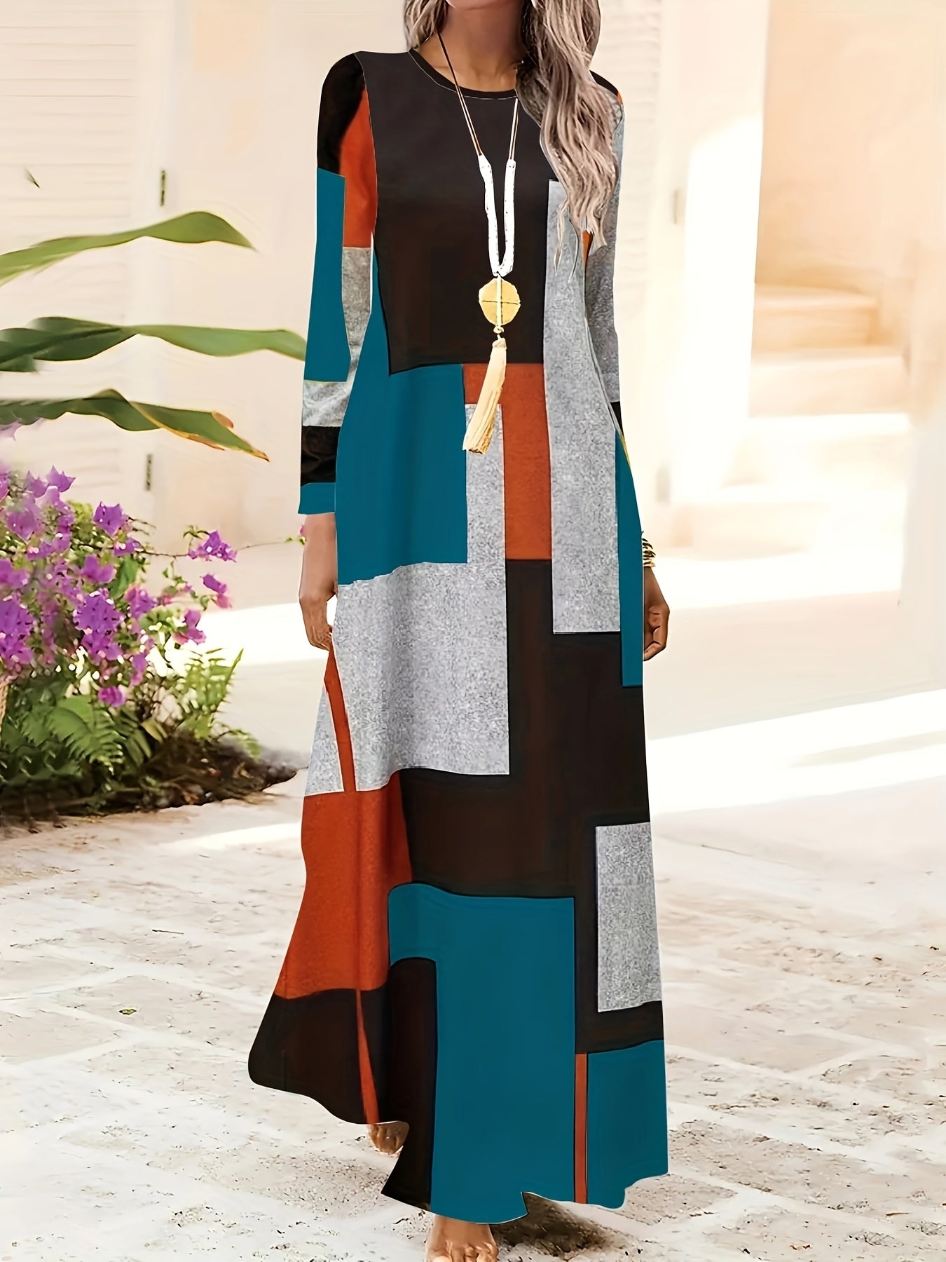 Plus Size Women's Geometric Print Knit Dress with Long Sleeves Crew Neck Casual Fit and Flare