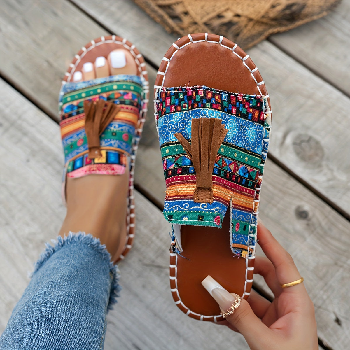 Ayollar uchun Bohemiya slip-on sandallari, yengil, nafas oladigan, etnik naqsh