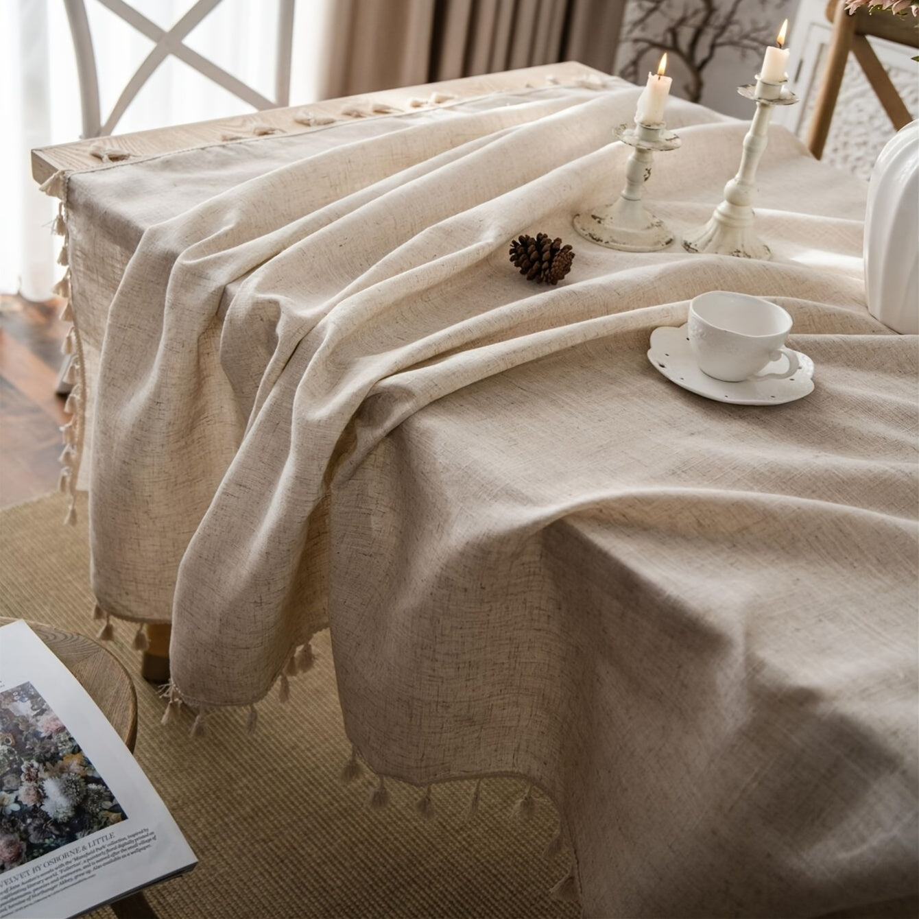 Beige Linen Farmhouse-Style Tablecloth with Fringed Edges for Holidays and Events