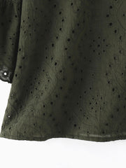 Plus Size Women's Casual Cotton Blouse with Eyelet Embroidery and Flared Sleeves