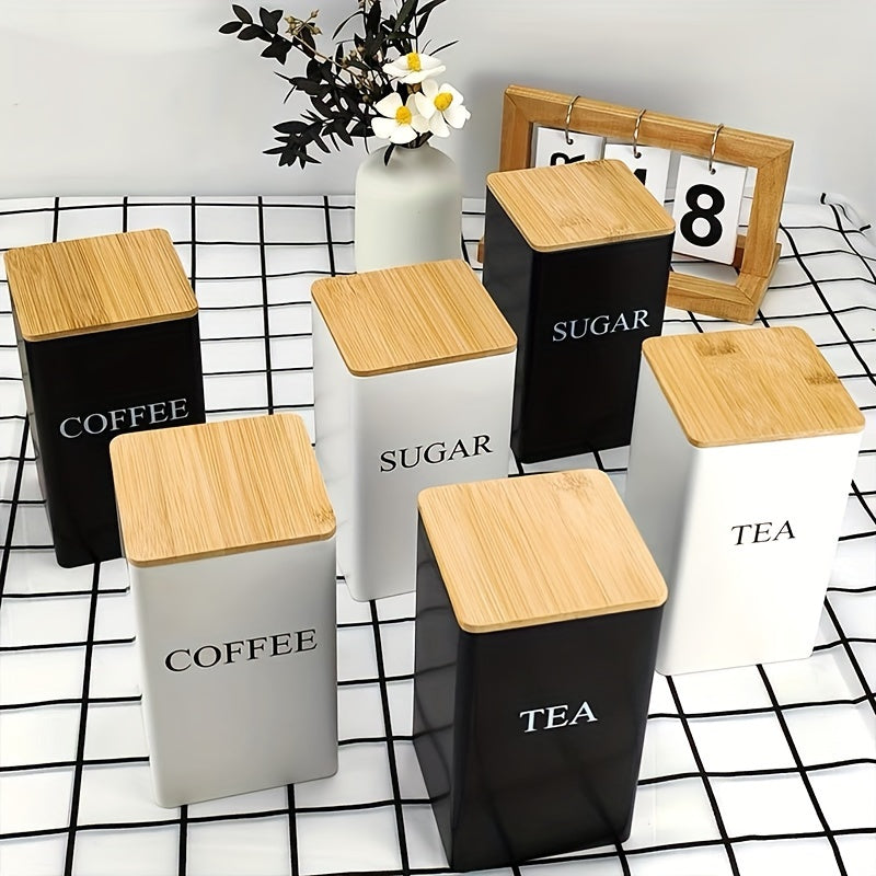 Square Metal Canisters Set of 3 with Bamboo Lids for Tea Coffee Sugar Storage