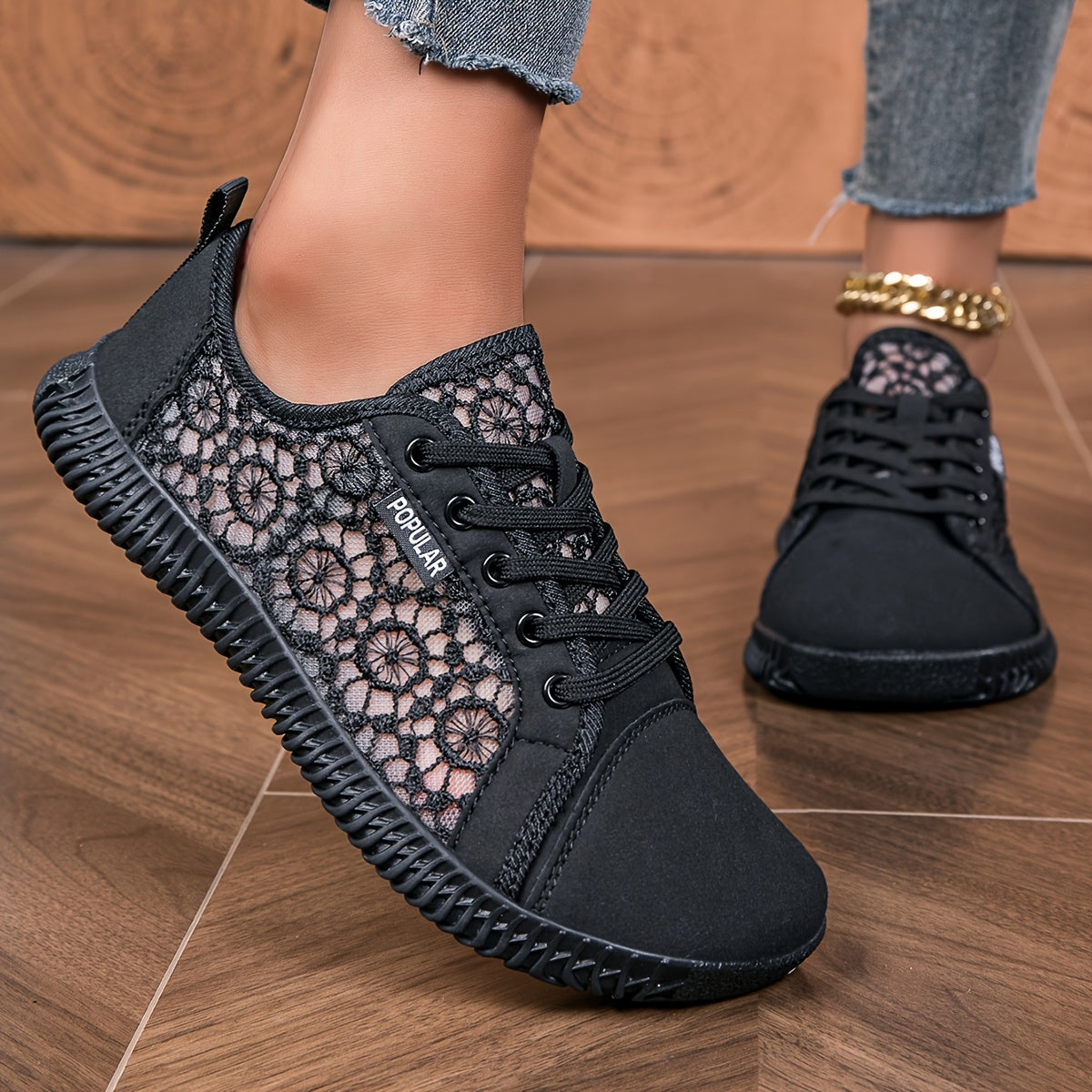 Women Spring/Summer Mesh Lace-Up Sneakers Wide Fit Breathable Rubber Sole