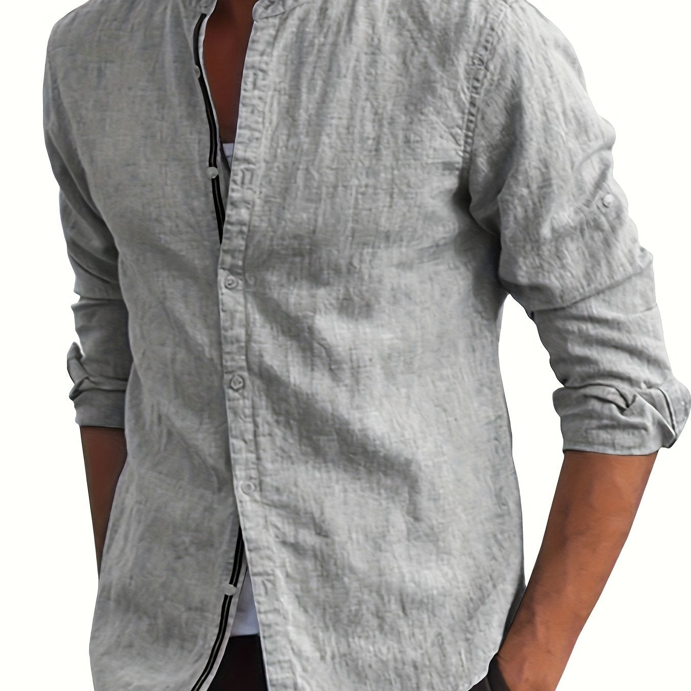 Plus Size Men's Cotton Casual Shirt with Mandarin Collar Button Closure for Beach and Casual Wear