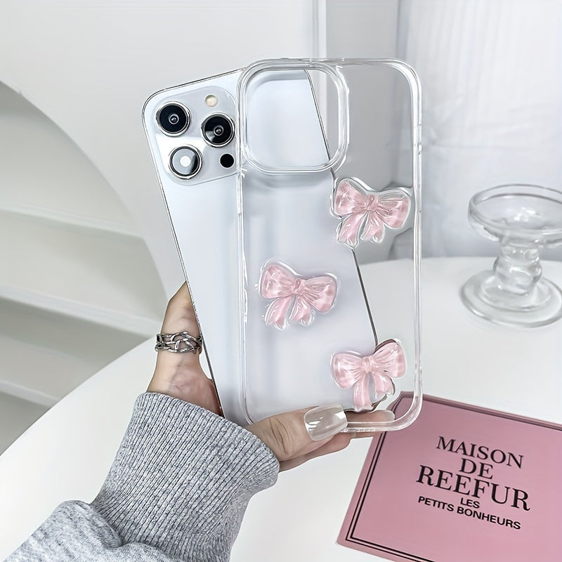 Transparent Acrylic Phone Case for iPhone 11-15 Pro Max with Red Bow and Handmade Drip Glue Design