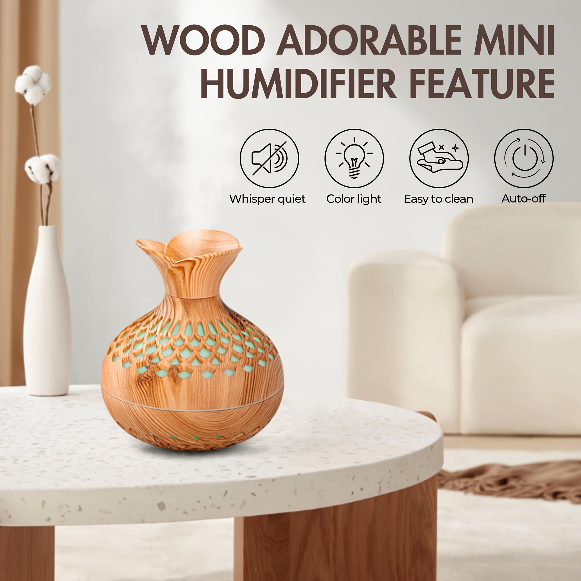 Colorful Mini Flower Humidifier 300ml Wooden Vase Aromatherapy Diffuser