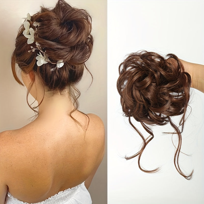 Women's Synthetic Curly Wavy Hair Bun Scrunchie in Dark Brown and Blonde