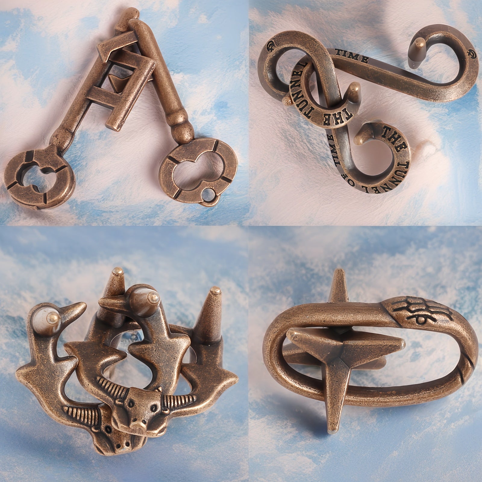 Metal Brain Teaser Puzzle Set for Adults Bronze Portable Logic and Problem Solving