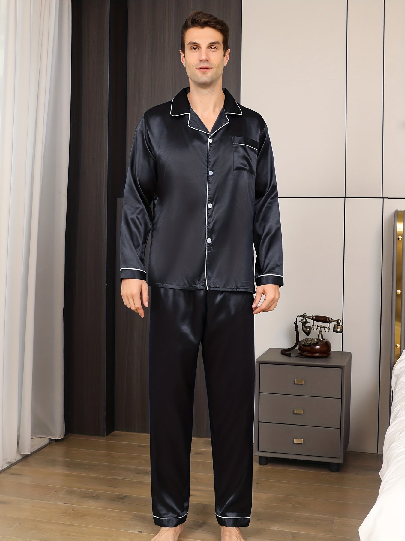 Conjunto de pijama para hombre de manga larga y pantalones casuales de sarga de poliéster para otoño y primavera