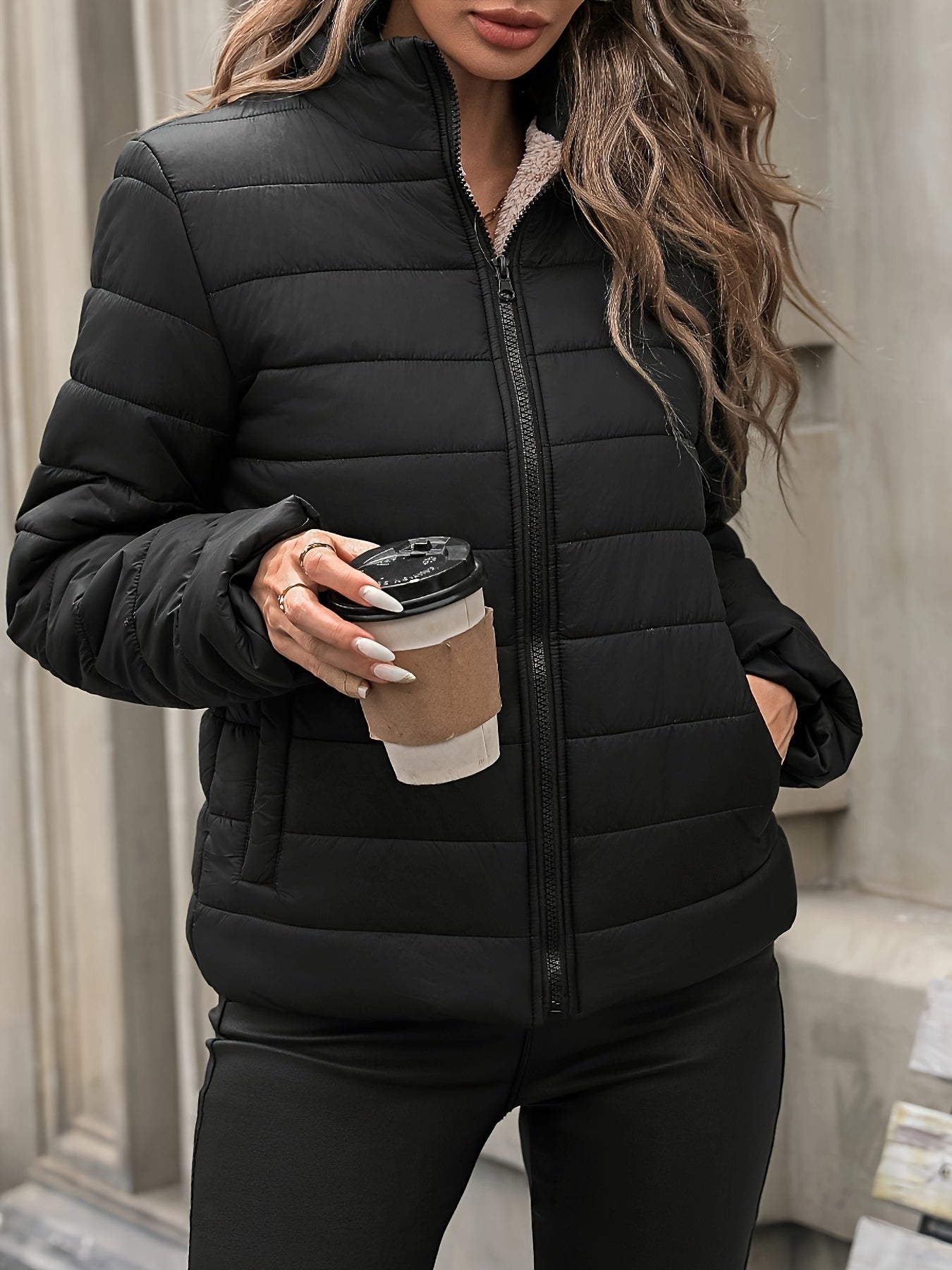 Women's Solid Color Nylon Warm Jacket with Long Sleeves and Zipper