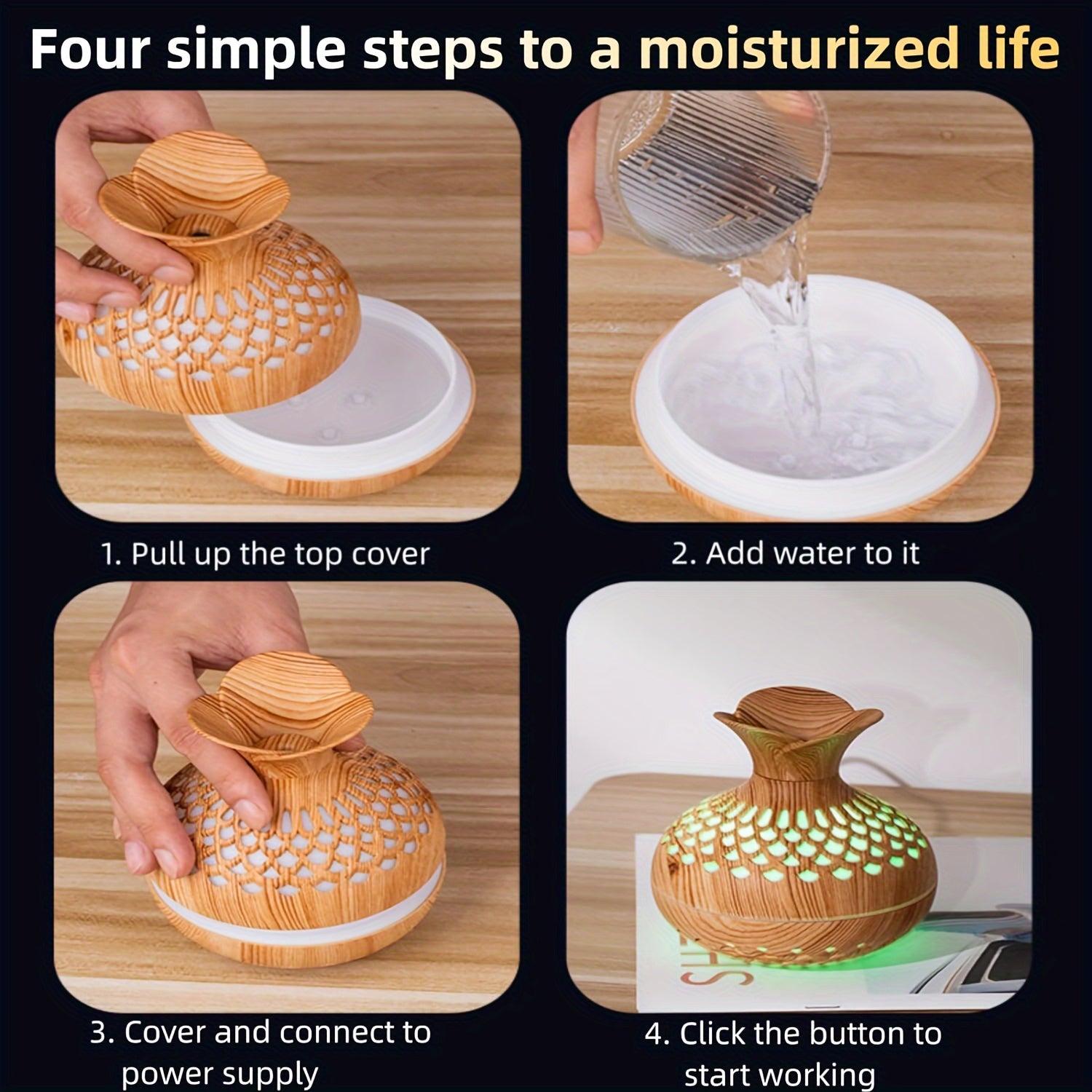 Wood Grain Cool Mist Humidifier USB Powered 10oz Air Quality Home Office Car