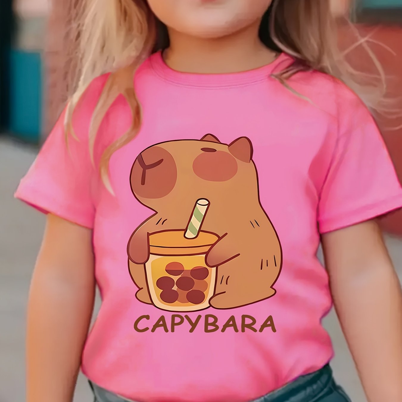 Girls' Knit Top with Capybara Drinking Milk Tea Pattern, Spring Summer Casual T-Shirt