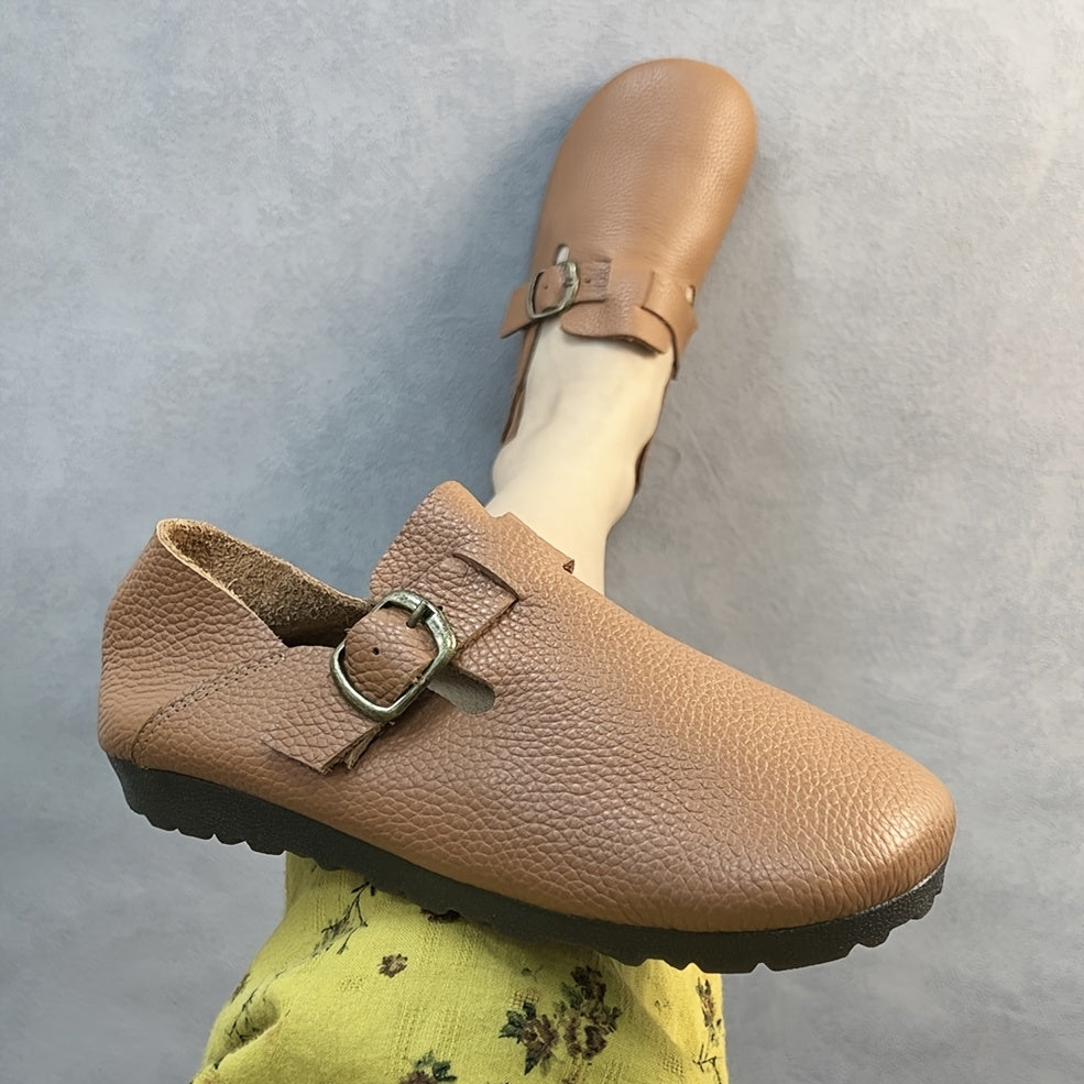Women's Leather Flat Shoes with Buckle Strap Casual Loafers Brown