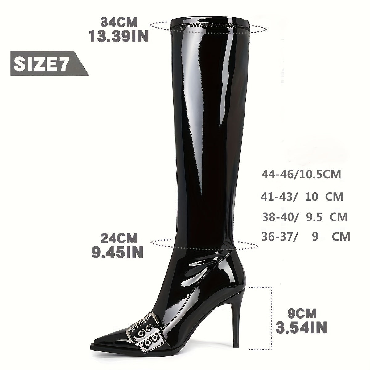 Women's Knee-High Patent Leather Stiletto Boots with Zipper and Buckle