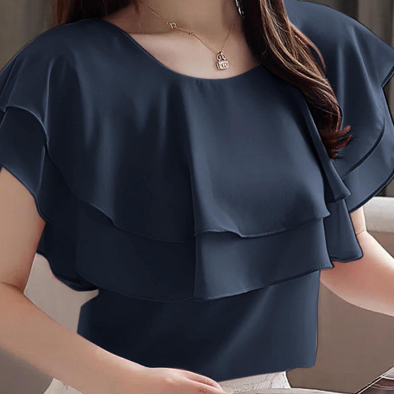 Блузка для женщин больших размеров с коротким рукавом и рюшами, однотонная, из полиэстера, весна-лето