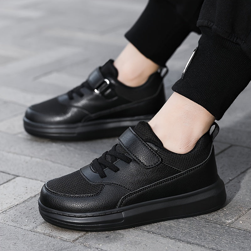 Kids Black Athletic Sneakers with Breathable Mesh and Hook-and-Loop Strap