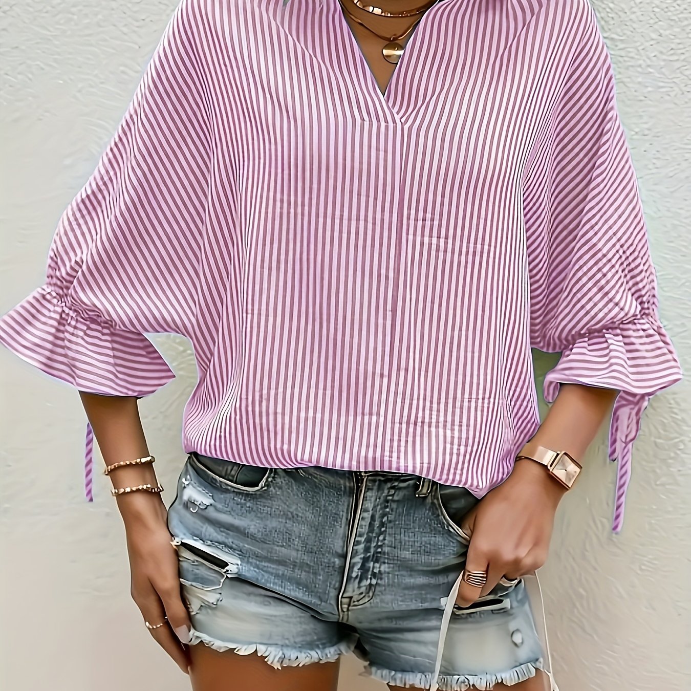 Plus Size Women's Striped Flared Sleeve Tie Back Shirt Vacation Wear