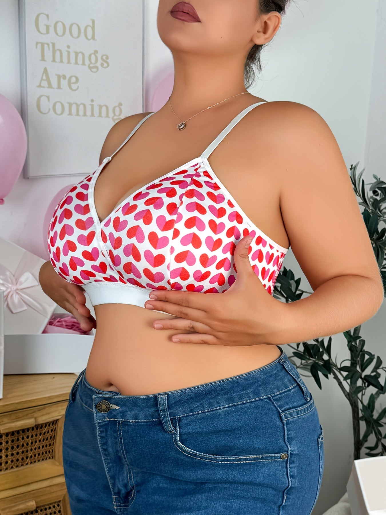 Plus-Size Lingerie Heart Print Tank Top Comfortable Cute Wear Over Outfits