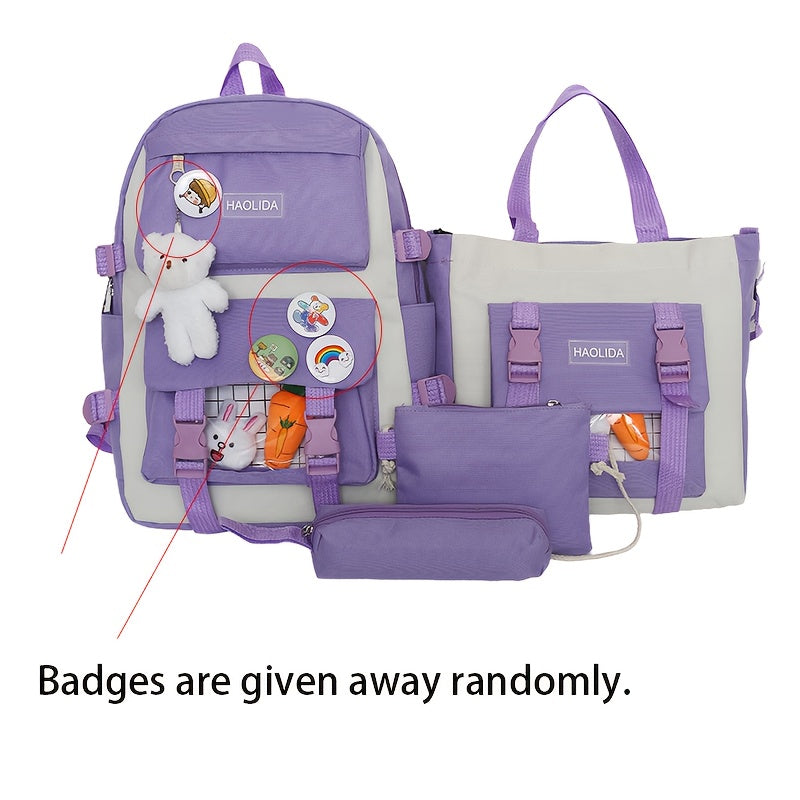 4-Piece Nylon Backpack Set for School Travel with Adjustable Straps and Zipper Closure