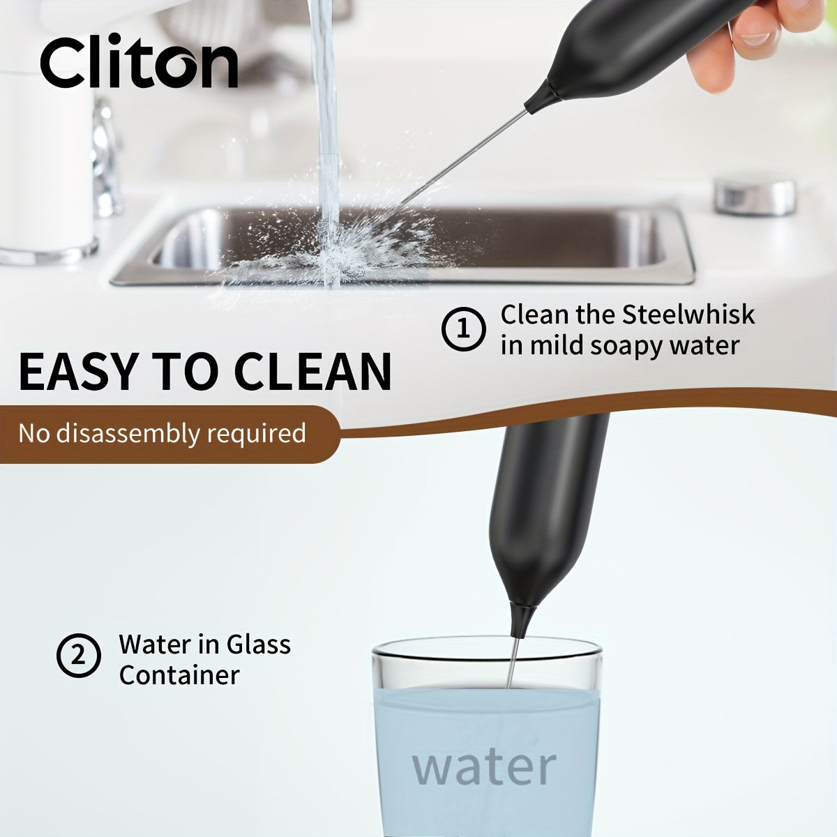 Electric Milk Frother Handheld Stainless Steel Stand Battery Powered For Coffee Latte