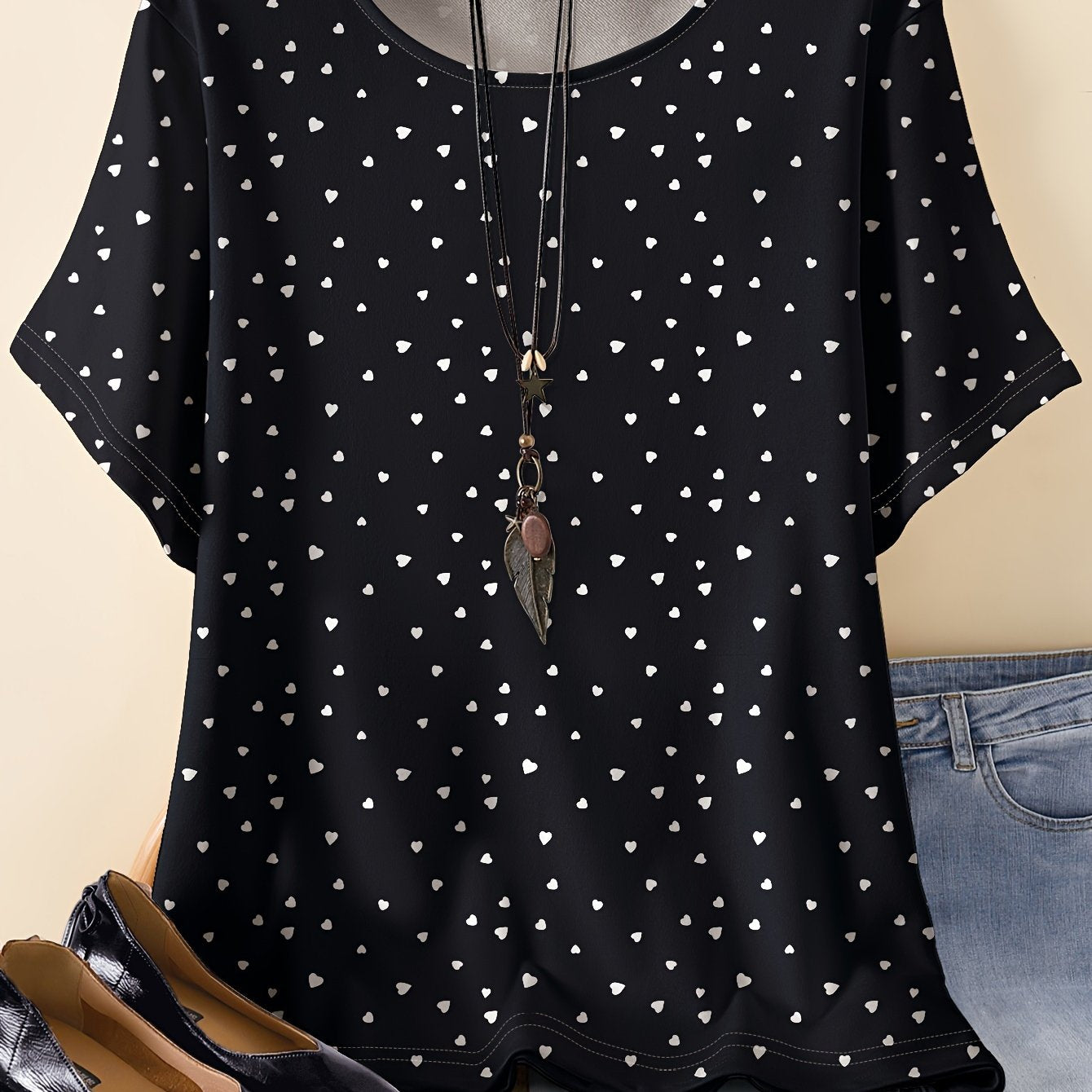 Plus Size Heart Print Casual T-Shirt for Women Polyester All Over Print