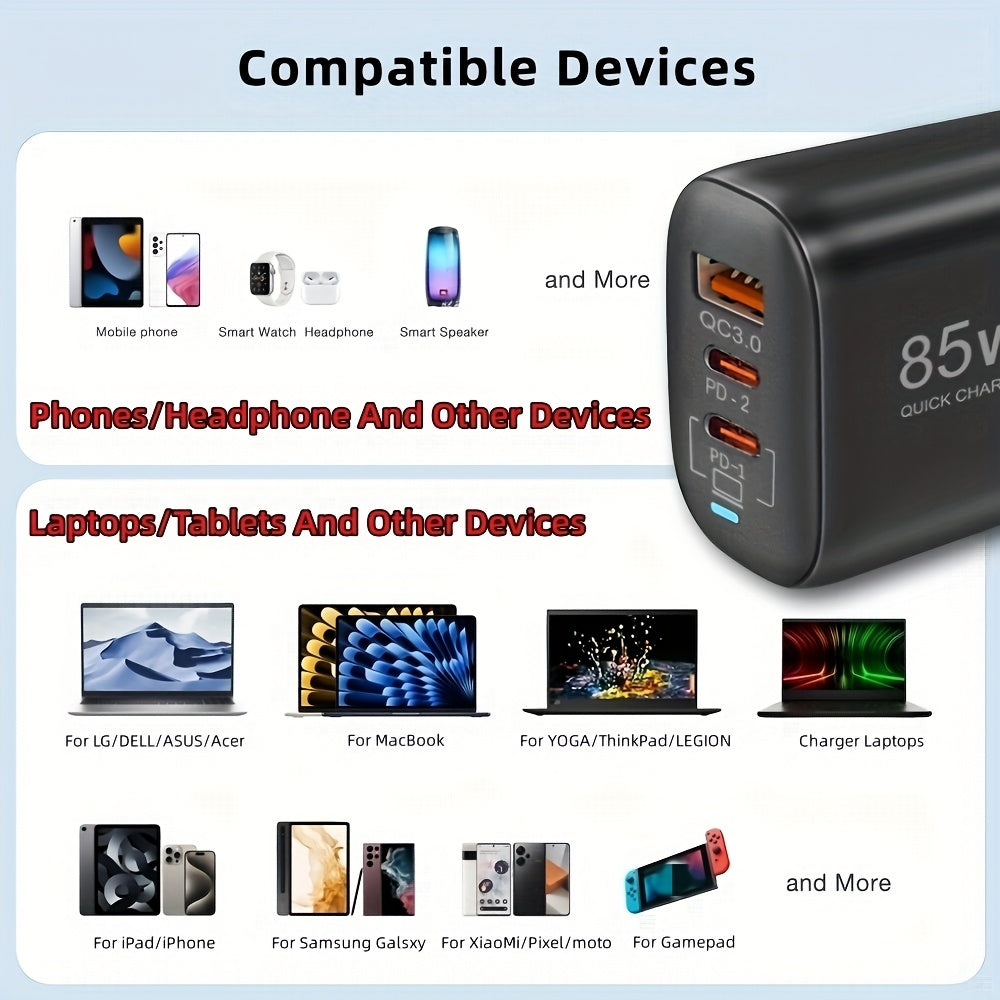 85W GaN Charger with PPS PD QC 3.0/4.0 USB-C Fast Charging for Multiple Devices EU Plug