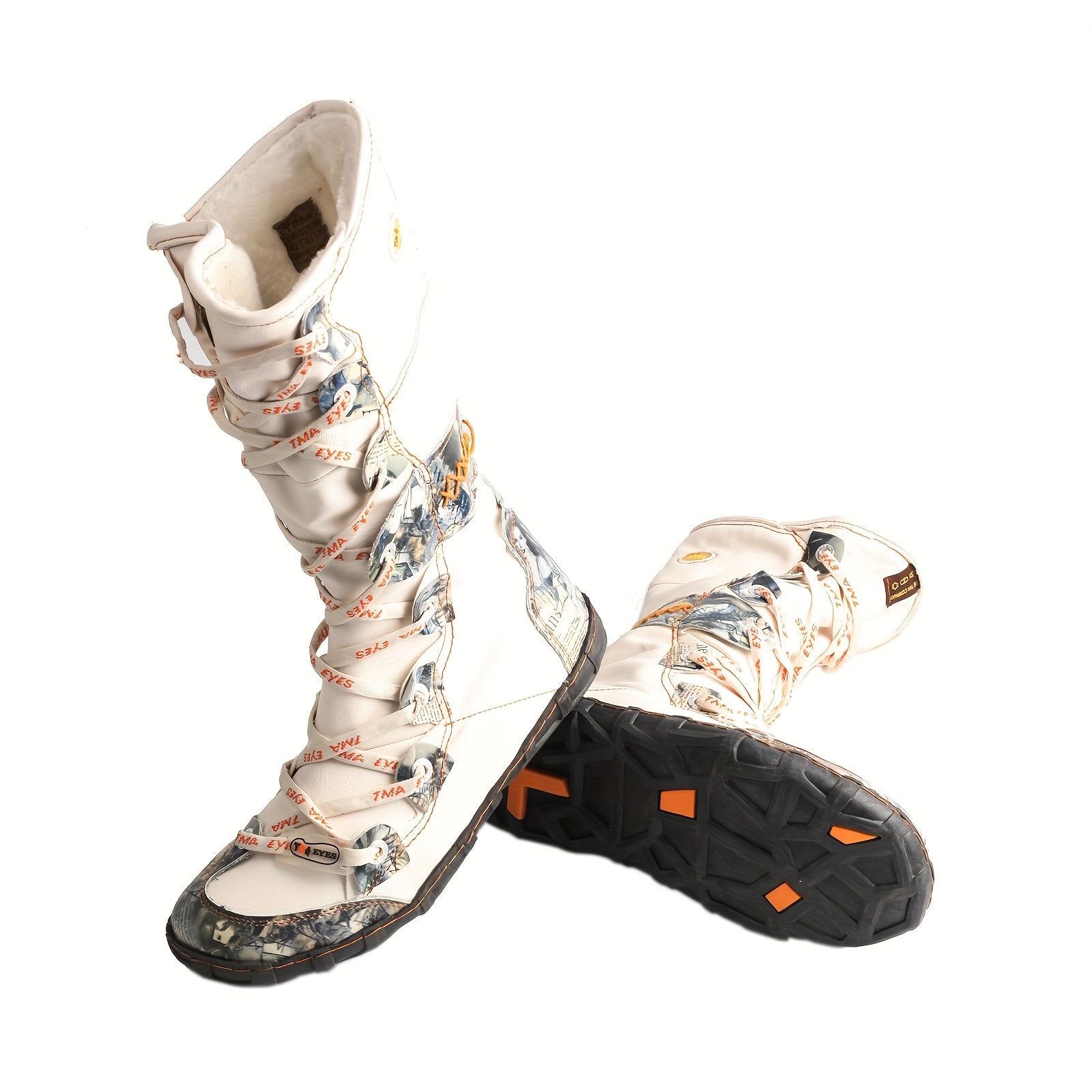 Женские зимние высокие ботинки с цветочным принтом и плюшевой подкладкой коричневый белый