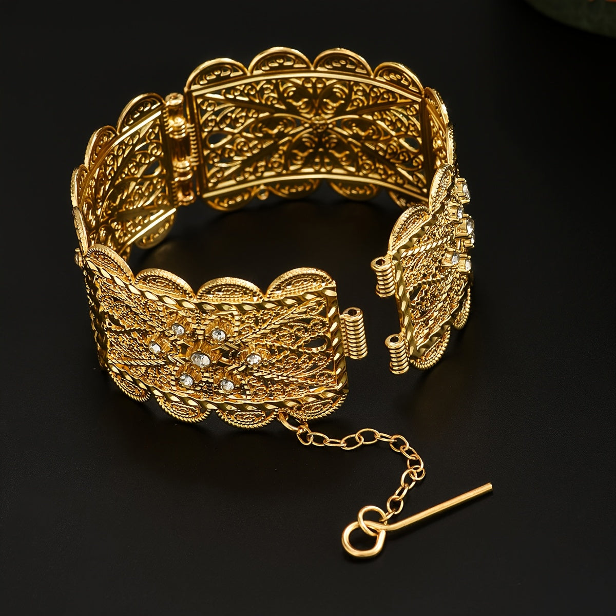 Gold Plated Zinc Alloy Bangle with Synthetic Stones Floral Open Cuff Jewelry for Weddings and Events