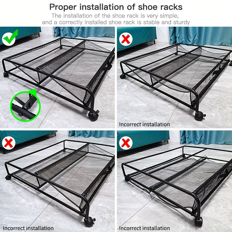 Zapatero bajo la cama con ruedas giratorias de 360° y organizador de metal para dormitorio, residencia, hogar