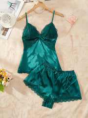 Women's Pajama Set with Velvet Lace Backless Top and Shorts