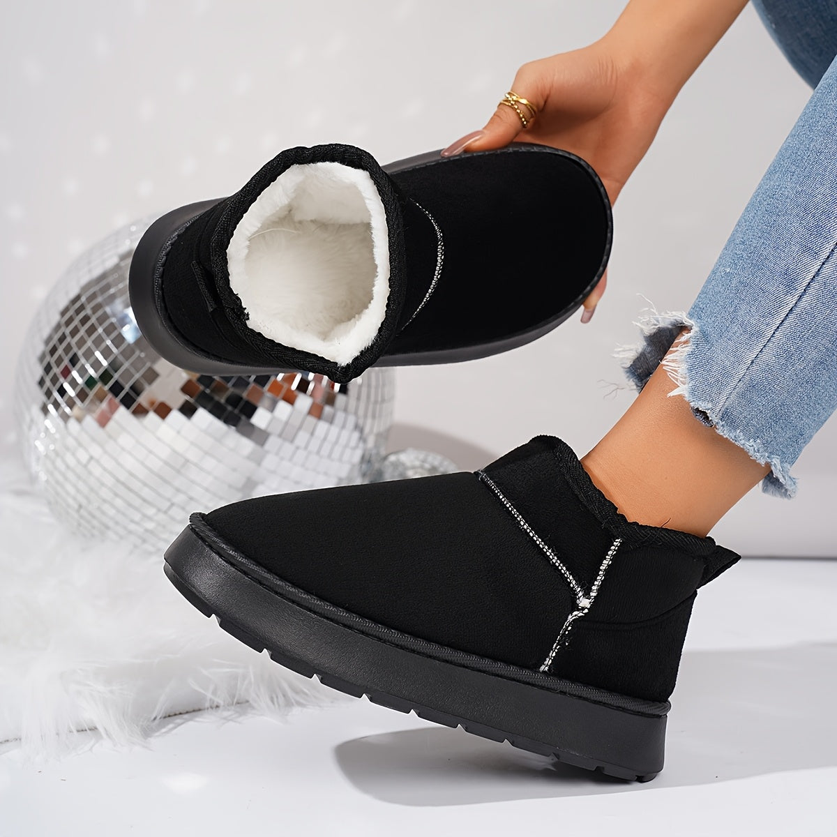 Women's Fleece Slippers with Gold Chain Ankle Strap, Non-Slip Sole, Plush Lining