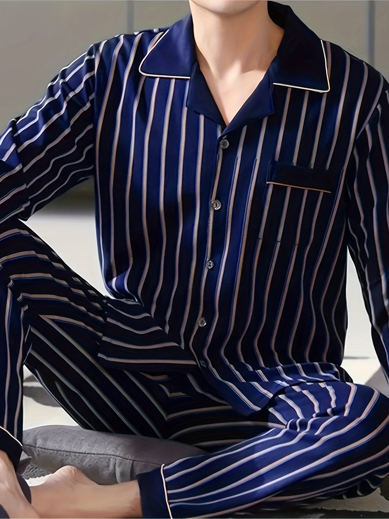 Men's Casual Pajama Set Polyester Knit Striped Fall Winter Regular Fit