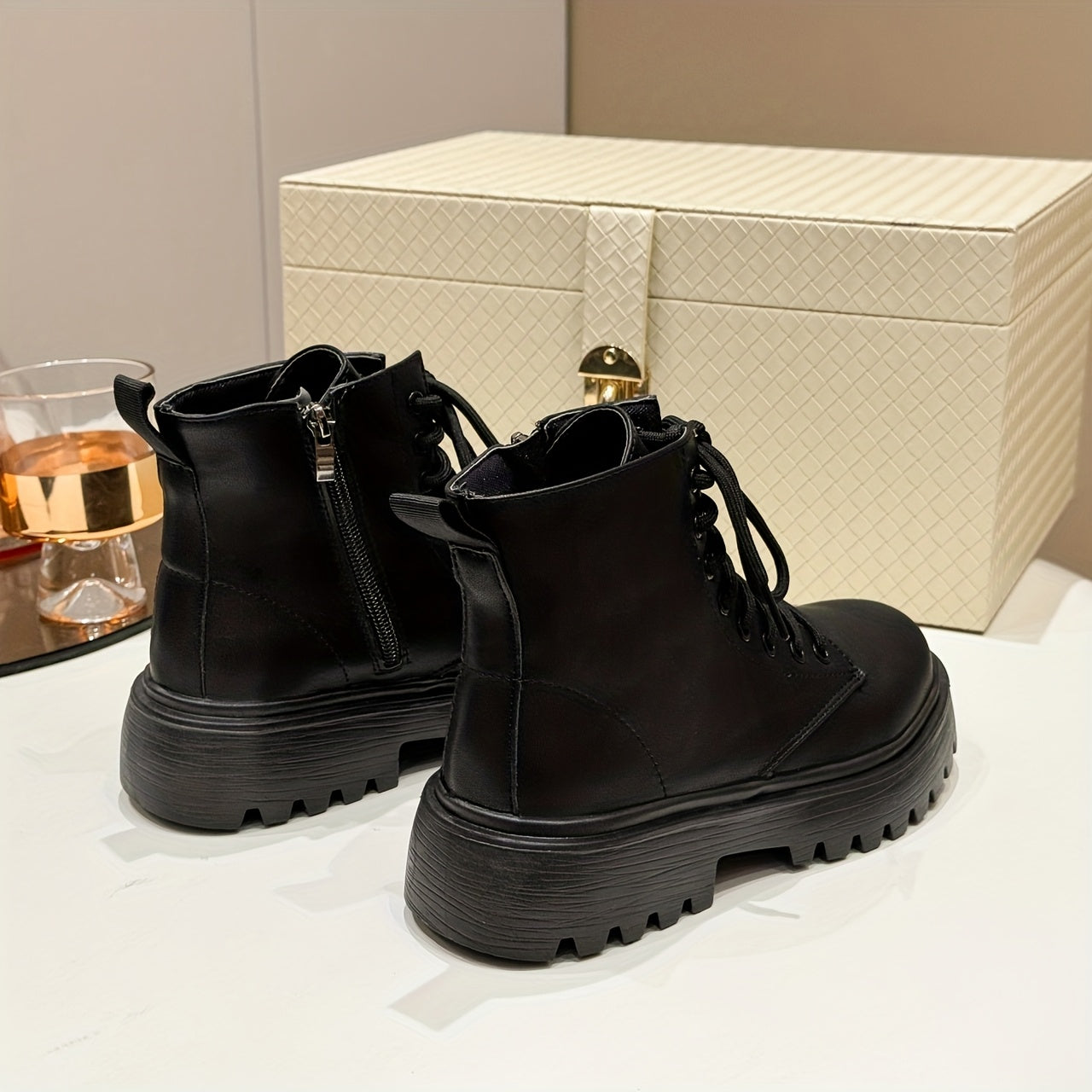 Women's Black Platform Ankle Boots with Zipper, Low Heel, All-Season