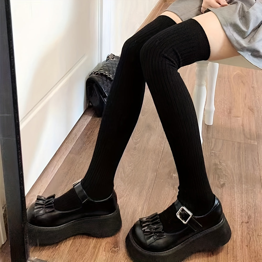 Women Ribbed Thigh High Socks Warm Over-The-Knee Stockings Solid Color