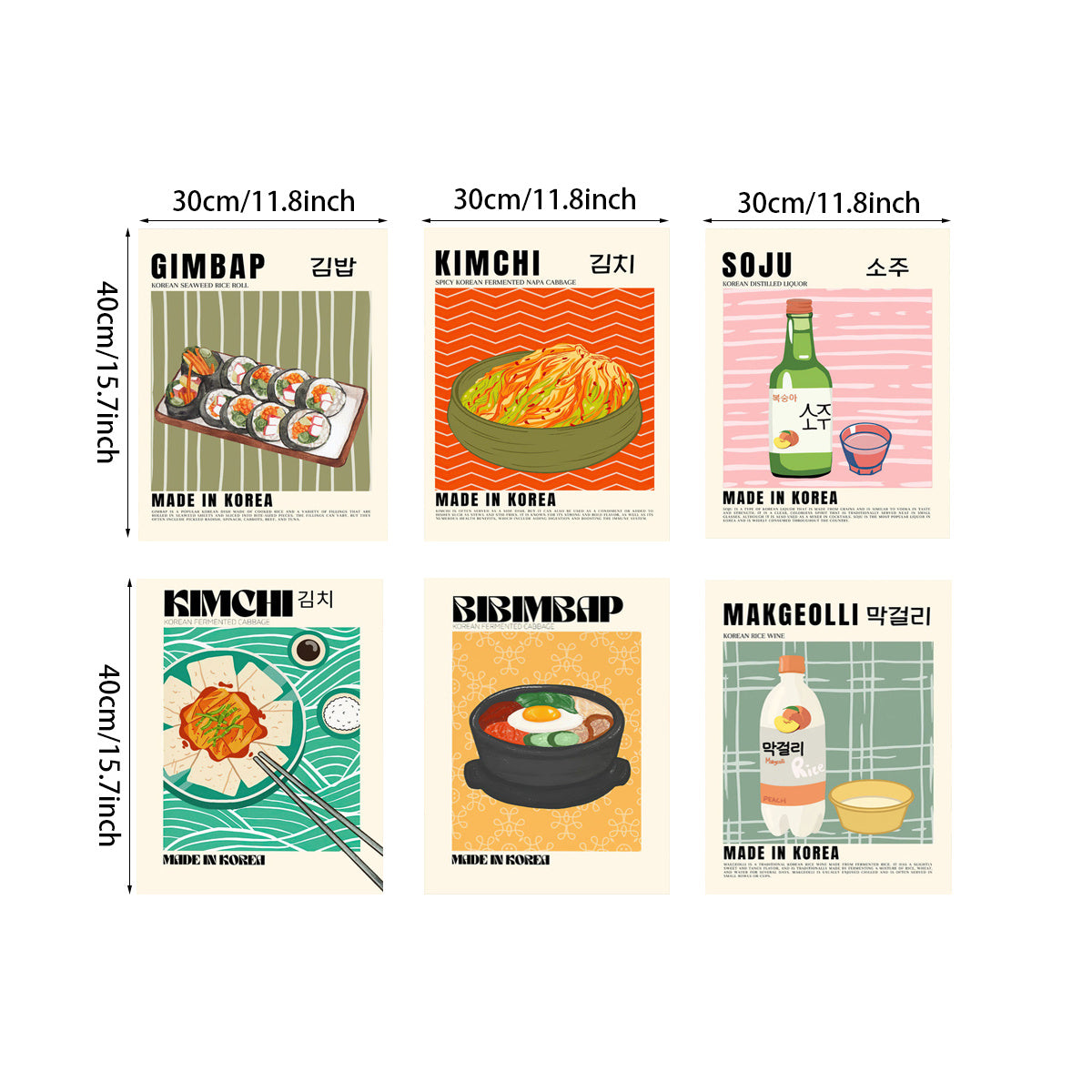 Set of 6 Retro Korean Kimchi Canvas Wall Art Posters Frameless Kitchen Decor 29.97x39.88cm
