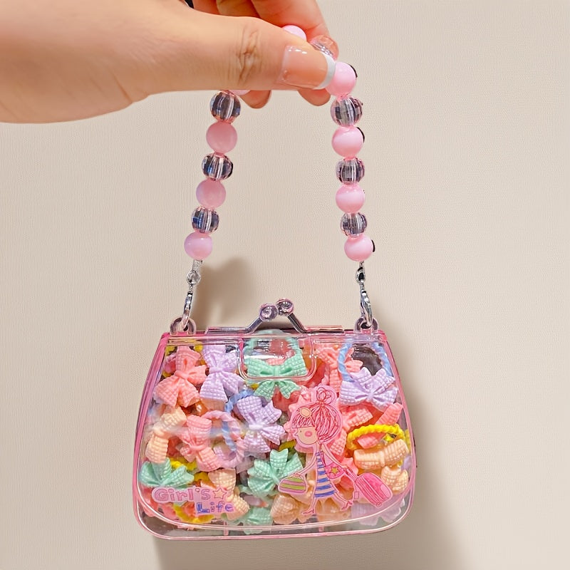 Qizlar uchun aralash ranglarda 20 ta qiziqarli multfilm soch bog'ichlari to'plami, pushti sun'iy marvaridli sovg'a qutisi bilan